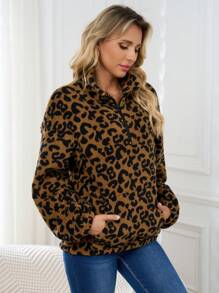 INAWLY Sudadera holgada de casual para otoño/invierno de mujer con estampado de leopardo, manga larga de hombros caídos y cremallera media