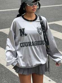 SHEIN EZwear Áo nỉ thể thao tay dài Fall Over Size Graphics có họa tiết màu bạc ánh kim cho lễ hội âm nhạc và trang phục thể thao - Bạc - Xem 5