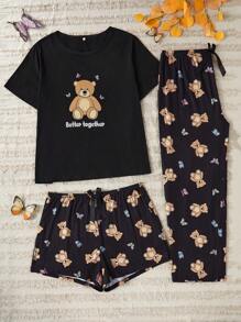 Set Piyama Ukuran Besar 3 Potong dengan Motif Beruang Lucu, Atasan Lengan Pendek, Celana Pendek, dan Celana Panjang Santai - MultiWarna - View 6