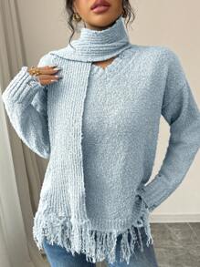 SHEIN Clasi Women Casual Solid Color Scarf With Fringe Pullover Sweater Knit Pullover Fall Winter - Blue - View 6