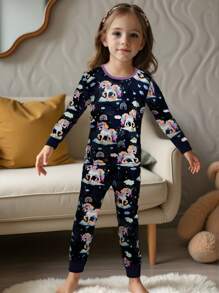 Young Girl Snug-Fit Unicorn Glow-In-The-Dark Print Pajama Set, Navy Blue, Long Sleeve Shirt & Trousers - Navy Blue - View 3