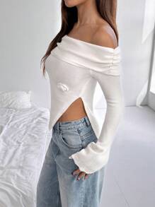 Flirla Casual Off-Shoulder Side Slit Sweater