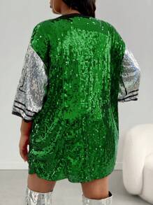 SHEIN SXY Áo thun in số cỡ lớn cho nữ có đính sequin, áo dự tiệc cổ tròn - Màu xanh lá cây đậm - Xem 2