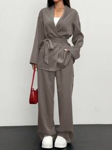 Siren Gaze 2pcs Women Striped Wrap Casual Kimono Suit Set, Grey, Office Lady Fashion Business Attire In Fall/Winter Brown - Khaki - View 5