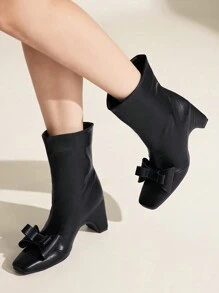 CUCCOO CHICEST Square Toe Platform Bowknot Mid-Calf Boots For Women For Christmas And New Year Holiday Valentines - Black - View 4