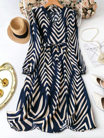 Breezaya Women Geometric Print Regular Fit Casual Business Shirt Dress, Suitable For Autumn/Winter Maxi Vacation Beach Outfit Fall Cloth For Women