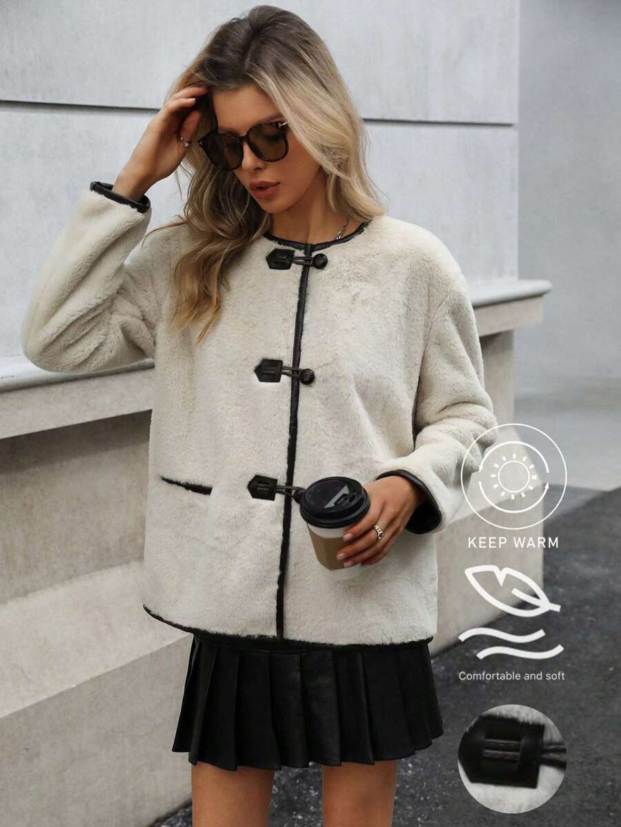 Aveloria Affinna Long Sleeve Contrast Trim Fleece Button Pocket Teddy Coat  Fall Cloth For Women