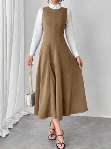 Chiquease 无袖 A 字型修腰圆领休闲中长连衣裙，百搭日常装扮长款女装 - 棕色 - 查看 4