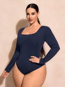 SHEIN SXY Plus Size Solid Color Square Collar Fitted Long Sleeve Bodysuit - Navy Blue - View 6