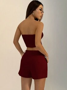 FavEase Conjunto de top tubo + shorts de traje para mujer - Burdeos - Ver 2