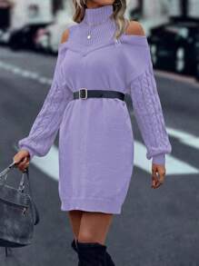 SHEIN LUNE Đầm len dệt kim dài tay cổ lọ màu trơn khoét lỗ thanh lịch - Màu tím hoa cà - Xem 6