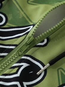 ROMWE MEN Street Life Men Autumn Letter & Five-Pointed Star Print Long Sleeve Zip Front Hoodie Sweatshirt - Green - View 3