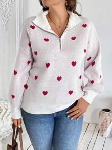 SHEIN LUNE Plus Size Women's Zippered Lapel Heart Jacquard Pullover Sweaterbusiness Casual Woman,Holiday Outfits,Country Tops, For Winter