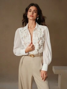 Anewsta 女士 3D 花卉透明灯笼袖优雅米色女式衬衫 - 米色 - 查看 5