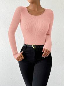 Chiquease 女式百搭罗纹长袖圆领弹力修身 T 恤上衣，适合秋季穿着 - 粉色 - 查看 5