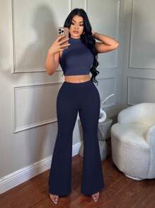 SHEIN SXY Low Waist Solid Flare Leg Skinny Suit Pants Party Sexy Elegant Date Night Party In Fall/Winter - Navy Blue - View 7
