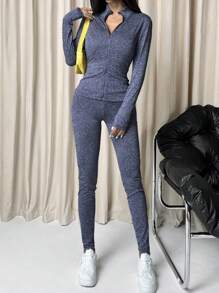 Muchica 2 件套女士纯色长袖拉链上衣和裤子休闲装 - 黑色 - 查看 3