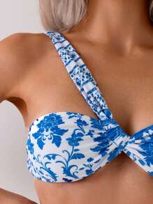 Women Porcelain Print One Shoulder Bikini Set Summer - Blue - View 4