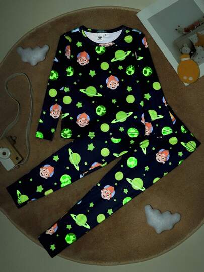 Blippi X SHEIN Young Boy Cartoon Starry Sky And Earth Print Navy Blue Casual Comfortable Fitted Long Sleeve T-Shirt And Long Pants Snug Fit Pajama Set
