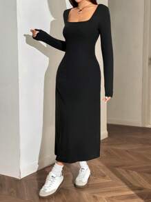 SHEIN EZwear 1 件女式方领修身长袖连衣裙，优雅 - 黑色 - 查看 3