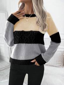 SHEIN LUNE Women Casual Crew Neck Raglan Sleeve Long Sleeve Contrast Color Sweater, Autumn/Winter Knit Pullover Fall - Multicolor - View 4