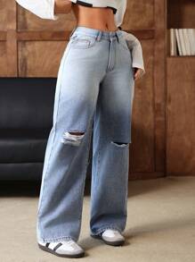 SHEIN EZwear 女士休闲破洞口袋撞色牛仔裤，百搭 - 藍色 - 查看 4