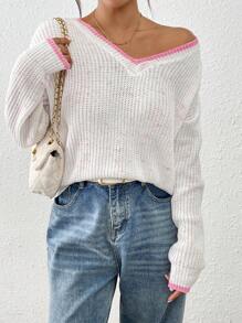 Chiquease 女士V领撞色滚边落肩宽松毛衣，休闲时尚，适合日常穿着，针织套头衫，秋冬季款 - 粉色 - 查看 3