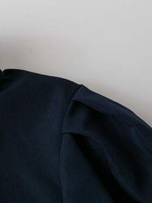 SHEIN Clasi 大码女式编织圣诞优雅纯色常规剪裁羊腿袖衬衫，秋冬女式衬衫 - 藏蓝色 - 查看 4