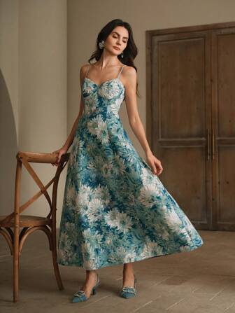 Anewsta Women's Painting Style A-Line Strap Party Dress, New Arrivals