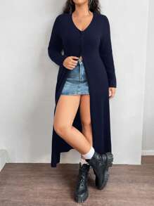 SHEIN EZwear Plus Size Women Long Cardigan With Chic And Stylish Design In Black, Suitable For Autumn/Winter - Navy Blue - View 7