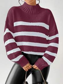 SHEIN Unity Casual Colorblock Striped Dropped Shoulder Knitted Sweater, Autumn/Winter For New Year Fall - Red - View 5