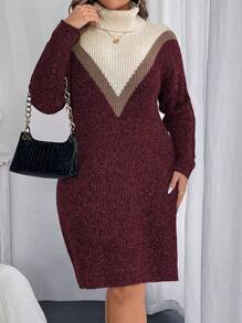 Calvaya Plus Size Women's Colorblock Turtleneck Long Sleeve Casual Sweater Dress, Fall/Winter - Burgundy - View 5