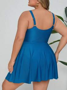 SHEIN CURVE+ 大码女式休闲可调节肩带纯色系带连体泳衣夏季 - 藍色 - 查看 2