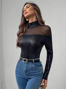 SHEIN Privé 女士优雅浪漫时尚通勤性感修身黑色 PU 皮革拼接 T 恤，秋冬 - 黑色 - 查看 7