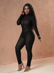 Slaydiva 优雅、性感、派对装：女式黑色立领长袖连体裤，透明豹纹植绒面料，及踝长，适合秋季 - 黑色 - 查看 4