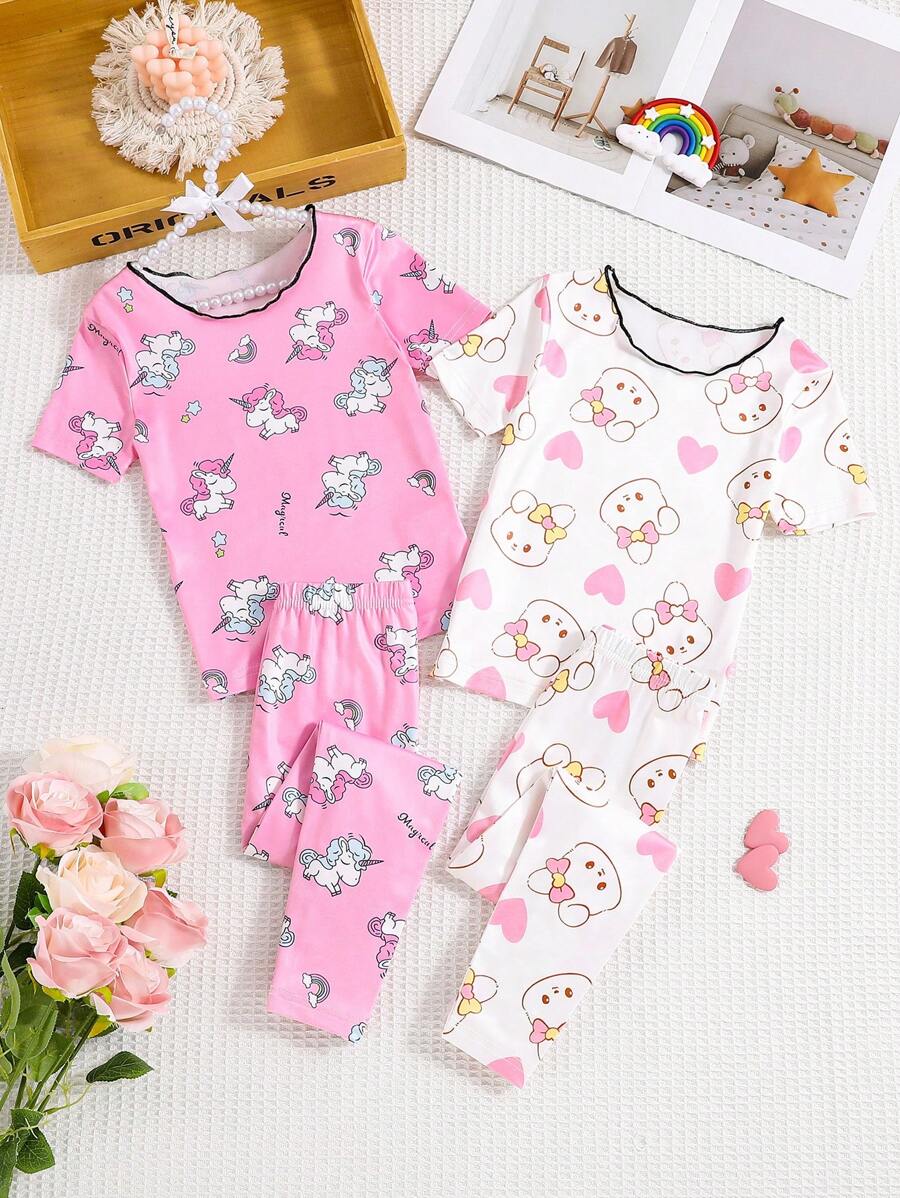 4 件套少女睡衣套装，心形图案短袖上衣和罗纹紧身裤，贴身家居服