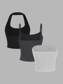 SHEIN EZwear 3-częściowy zestaw Basic Casual Sexy Ramiączka bez ramiączek i krótkie spodenki na wiosnę i lato