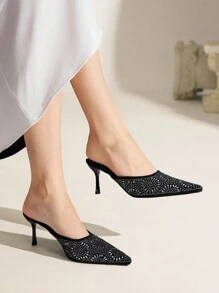 CUCCOO TILAWA 黑色绒面革水钻尖头高跟穆勒鞋，优雅适合日常商务、节日、派对、约会装 - 黑色 - 查看 4