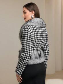 Modelyn 1 件女式蓬松拼接口袋格子印花配腰带优雅长袖常规夹克 - 黑與白 - 查看 4