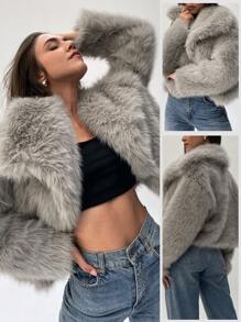 Aloruh Fashionable Solid Color Faux Fur Coat For Autumn/Winter