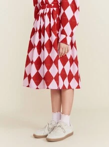 SHEIN Tween Girl Plaid Print Elastic Waist A-Line Skirt, Casual For Autumn/Winter, Christmas, New Year - Red - View 4