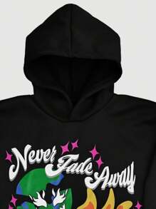 ROMWE MEN Street Life 男士休闲字母与卡通印花长袖连帽运动衫，宽松版型，秋季 - 黑色 - 查看 4