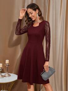 SHEIN Clasi Sleeve Lace Splicing Notched-Neck Asymmetric Hem Dress - Burgundy - View 6