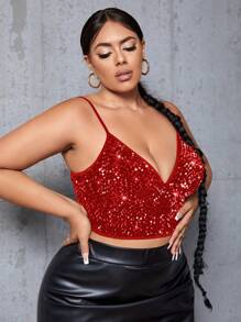 SHEIN SXY 大码细肩带和亮片装饰吊带背心，性感简约时尚 - 酒紅色 - 查看 7