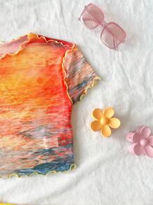 Soleia WYWH 女士度假风格橙色扎染日落印花网眼短款上衣和迷你裙两件套，适合海滩、度假村、音乐节、夏季 - 彩色 - 查看 4