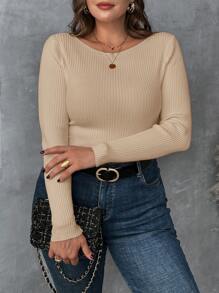 SHEIN Clasi Plus Size Women Apricot V-Neck Long Sleeve Basic Sweater, Pullover For Autumn And Winter