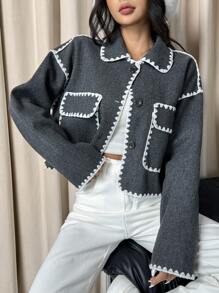 SHEIN EZwear 秋季休闲拼色短款夹克 - 深灰色 - 查看 1