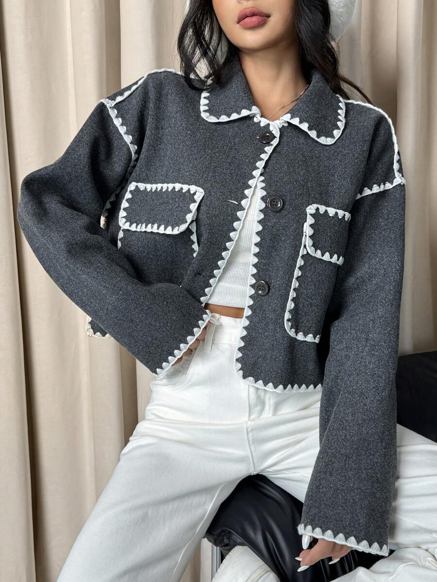 SHEIN EZwear 秋季休闲拼色短款夹克 - 深灰色 - 查看 1