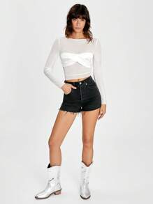 SHEIN EZwear 女士扭结网眼面板透明长袖上衣，性感设计 - 白色 - 查看 3