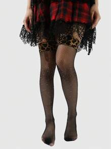 ROMWE Grunge Punk 1 双女式闪亮水钻装饰豹纹大腿高筒网袜，适合所有季节